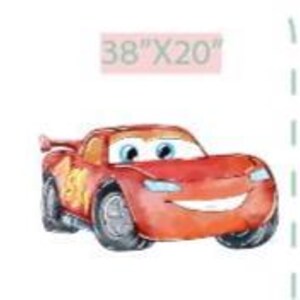 May include: Watercolor illustration of a red race car with the text "38"X20"" above it. The car has a smiling face, blue eyes, and the number 95 on the side. The car is approximately 38 inches long and 20 inches wide.