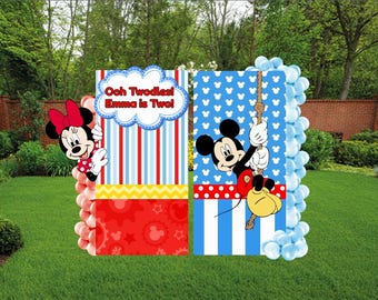 Personalized Mickey and Minnie Ooh Twodles Birthday Backdrop Set | Personalized 2nd Birthday Party Decorations