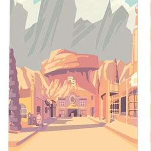 K&ouml;nnte beinhalten: Eine Illustration einer W&uuml;stenstadt mit Bergkulisse. Die Farbpalette umfasst Pfirsich-, Beige- und T&uuml;rkist&ouml;ne. Der Text "3'X5'" befindet sich am unteren Rand des Bildes.