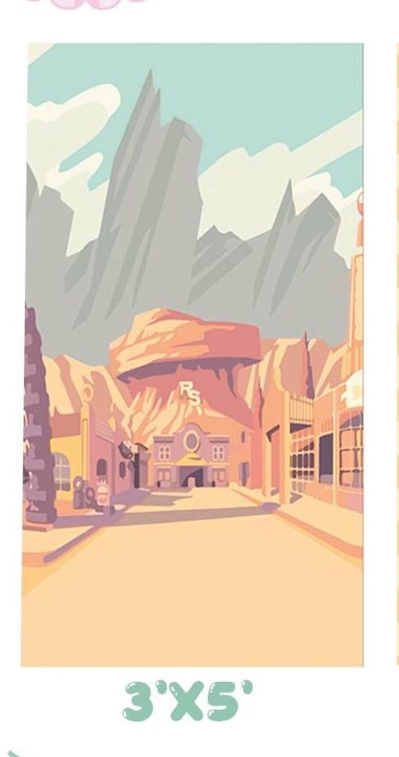 K&ouml;nnte beinhalten: Eine Illustration einer W&uuml;stenstadt mit Bergkulisse. Die Farbpalette umfasst Pfirsich-, Beige- und T&uuml;rkist&ouml;ne. Der Text "3'X5'" befindet sich am unteren Rand des Bildes.