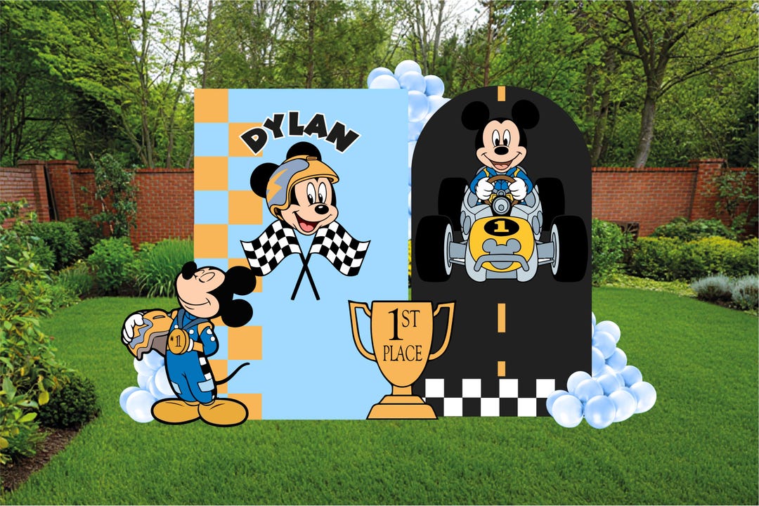 Mickey Race Car Backdrop Set, First Birthday Racing Theme, Custom Name ...