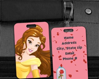 Princess Belle Luggage Tag Personalized | Beauty and the Beast Travel Tag | Custom Kids Bag Tag | Suitcase Tag Disney Trip