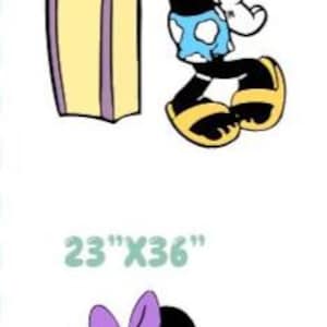 May include: A graphic illustration of Mickey Mouse wearing sunglasses and blue patterned swim trunks, leaning against a yellow surfboard, labeled 27"x24". Below, Minnie Mouse wears a purple bow, heart-shaped sunglasses, and a pink swimsuit, holding a teal cup, labeled 23"x36".