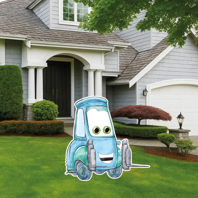 May include: A light blue cartoon forklift character with large white eyes, green pupils, and a wide smiling mouth. The forklift features a teal lower body, grey wheels, and grey forks extending to the right, displayed as a flat yard sign.