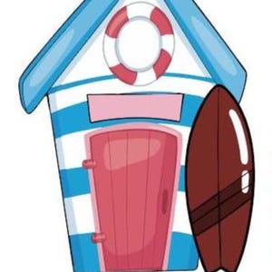 May include: A beach hut illustration featuring blue and white horizontal stripes, a pink door, a red and white lifebuoy, and a dark brown surfboard. The text 3.5'X4.9' is printed at the bottom of this graphic design element for display.
