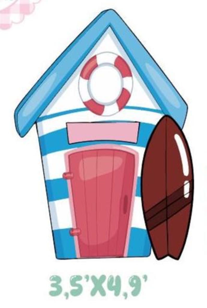 May include: A beach hut illustration featuring blue and white horizontal stripes, a pink door, a red and white lifebuoy, and a dark brown surfboard. The text 3.5'X4.9' is printed at the bottom of this graphic design element for display.
