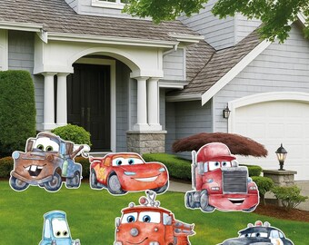 Cars Birthday Yard Signs, Disneys Lightning McQueen Mater Mack Guido Sheriff Fire Truck Birthday Party Decorations