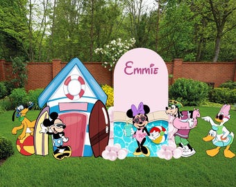 Minnie Mouse and Friends Summer Party Decor | Personalized Disney Beach House & Pool Backdrop Set