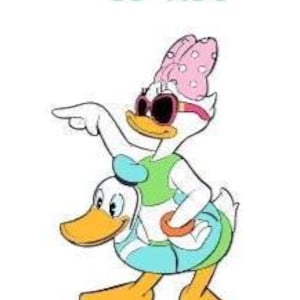 May include: A graphic illustration of Daisy Duck wearing a pink polka dot bow, sunglasses, and a green top, pointing with one wing while standing inside a blue inflatable swim ring. The text 23"X36" is printed above the character in light green.