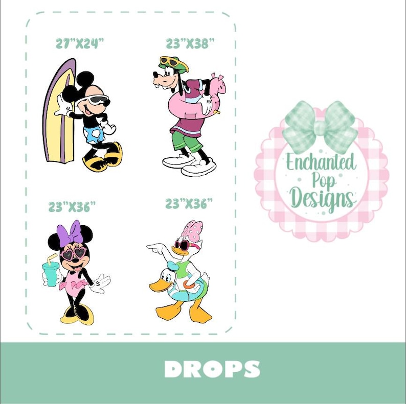 May include: A collection of four cartoon character illustrations featuring Mickey Mouse with a surfboard, Goofy with a pink inner tube, Minnie Mouse with a drink, and Daisy Duck with a floatie. Each character has dimensions listed in inches.