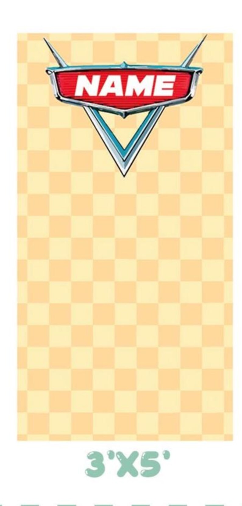 K&ouml;nnte beinhalten: Rechteckiges Banner mit einem rot-wei&szlig;en Logo mit der Aufschrift "NAME" auf einem gelb-orangen karierten Hintergrund. Das Banner ist 0,91 m x 1,52 m gro&szlig;.