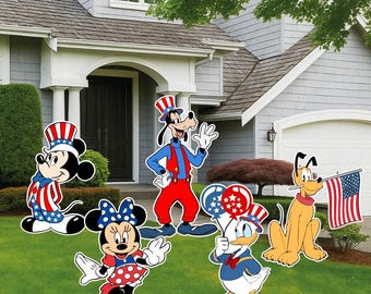 Patriotic Mickey and Friends Yard Signs | Disney Inspired 4th of July Character Party Decor | Red White and Blue Party Decor