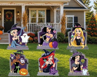 May include: Six decorative Halloween yard signs featuring cartoon characters dressed as witches, each positioned behind a tombstone. The characters include figures with blonde, black, and red hair, holding items like a ghost, balloons, and a pumpkin.