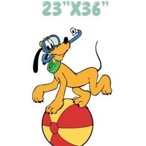 May include: A yellow cartoon dog wearing a blue snorkel mask and a green collar, balancing on a red and yellow beach ball. The text 23"X36" is printed above the dog. The illustration features bold black outlines and a white background.