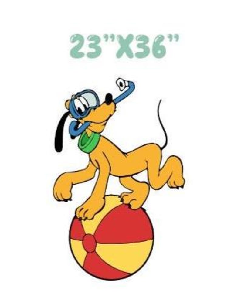 May include: A yellow cartoon dog wearing a blue snorkel mask and a green collar, balancing on a red and yellow beach ball. The text 23"X36" is printed above the dog. The illustration features bold black outlines and a white background.