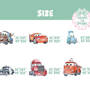 May include: A collection of six watercolor-style character illustrations featuring a brown tow truck, a red race car, a blue car, a black police car, a red semi-truck, and a red fire truck, each with listed dimensions in inches.