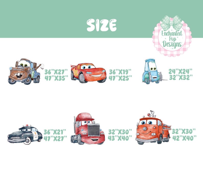 May include: A collection of six watercolor-style character illustrations featuring a brown tow truck, a red race car, a blue car, a black police car, a red semi-truck, and a red fire truck, each with listed dimensions in inches.