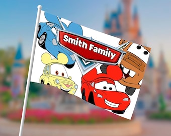 Disney Cars Stroller Flag Personalized | Lightning McQueen, Mater & Friends | Custom Family Name Disney Trip Flag
