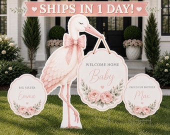 Welcome Home Baby Stork Yard Sign | Personalized Birth Announcement | Big Sibling and Fur Sibling Yard Signs | Luxury Baby Shower Deco