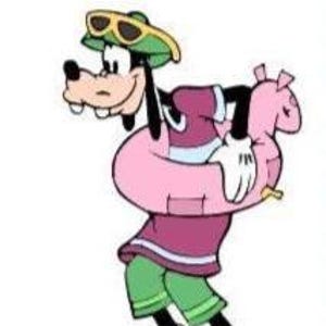May include: A cartoon character illustration of Goofy wearing a green hat with yellow sunglasses, a purple shirt, and green shorts. The character is holding a pink inflatable pool ring. The text 23"X38" is printed in light blue above the character.