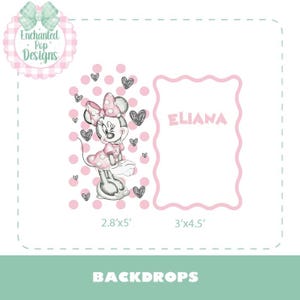 Puede incluir: Un dise&ntilde;o de tel&oacute;n de fondo con una ilustraci&oacute;n de Minnie Mouse con un vestido y lazo de lunares rosas. El dise&ntilde;o incluye un marco rosa con el nombre "ELIANA" y dimensiones de 85cm x 152cm y 91cm x 137cm. El tel&oacute;n de fondo est&aacute; etiquetado "BACKDROPS".
