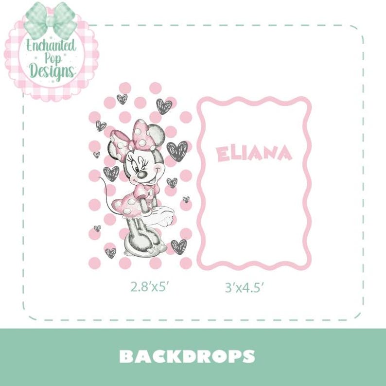 Puede incluir: Un dise&ntilde;o de tel&oacute;n de fondo con una ilustraci&oacute;n de Minnie Mouse con un vestido y lazo de lunares rosas. El dise&ntilde;o incluye un marco rosa con el nombre "ELIANA" y dimensiones de 85cm x 152cm y 91cm x 137cm. El tel&oacute;n de fondo est&aacute; etiquetado "BACKDROPS".