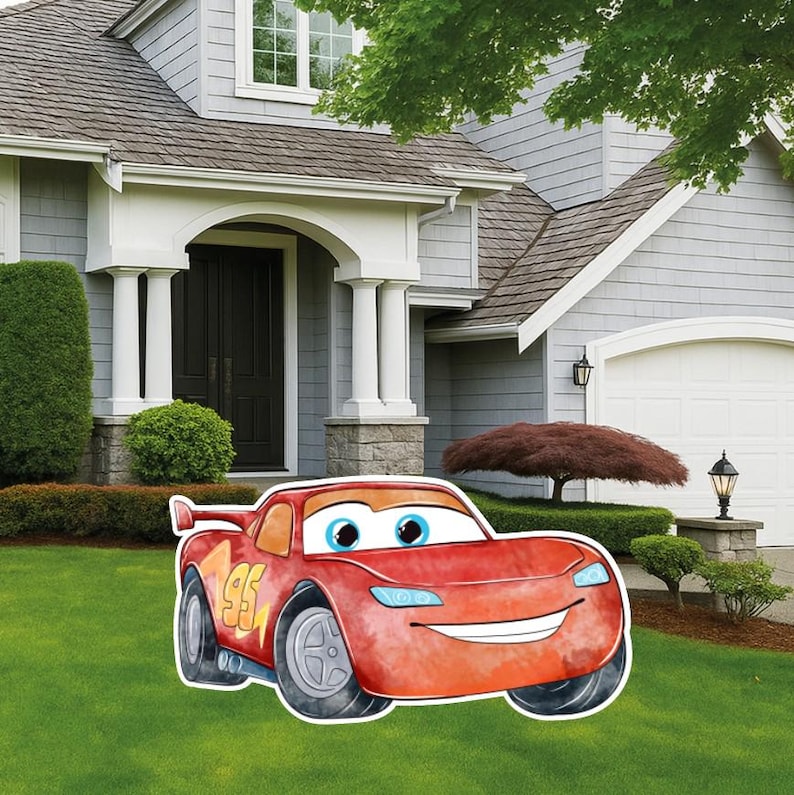 May include: A red race car yard sign featuring the number 95 in yellow on the side, large blue eyes on the windshield, and a wide smiling mouth. The car has a rear spoiler, grey wheels, and light blue headlights on a bright red body.