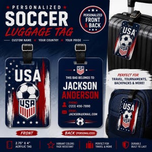 USA Soccer Luggage Tag Personalized | Custom Acrylic Backpack Tag | Soccer Travel Tag | Sports Team Bag Tag | Gift for Soccer Fans
