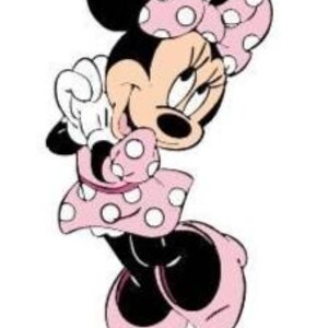 Puede incluir: Ilustraci&oacute;n de dibujos animados de Minnie Mouse con un vestido y lazo de lunares rosas, con orejas y zapatos negros. La imagen incluye el texto "38" X 20"" en un rect&aacute;ngulo rosa.
