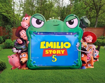 Toy Story 5 Frog Tablet Backdrop, Personalized Toy Story Birthday Party Decor, Woody Buzz Lightyear Jessie Rex Forky Photo Booth
