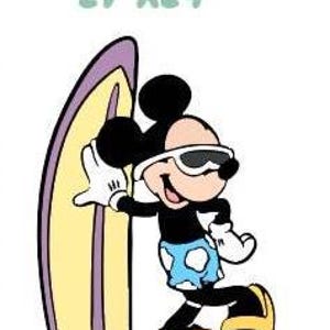 May include: A graphic illustration of Mickey Mouse wearing white sunglasses, blue and white patterned swim trunks, and yellow sandals, leaning against a yellow and purple surfboard. The text 27"X24" is printed in light blue above the character.