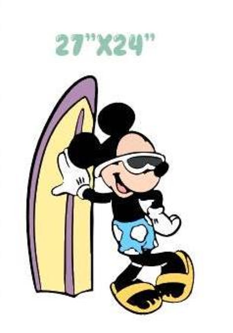 May include: A graphic illustration of Mickey Mouse wearing white sunglasses, blue and white patterned swim trunks, and yellow sandals, leaning against a yellow and purple surfboard. The text 27"X24" is printed in light blue above the character.
