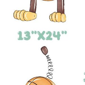 May include: Watercolor illustration of Slinky Dog from Toy Story. The image shows two depictions of the character, one head-on and one from the rear, with dimensions of 13"x24" and 11"x21".