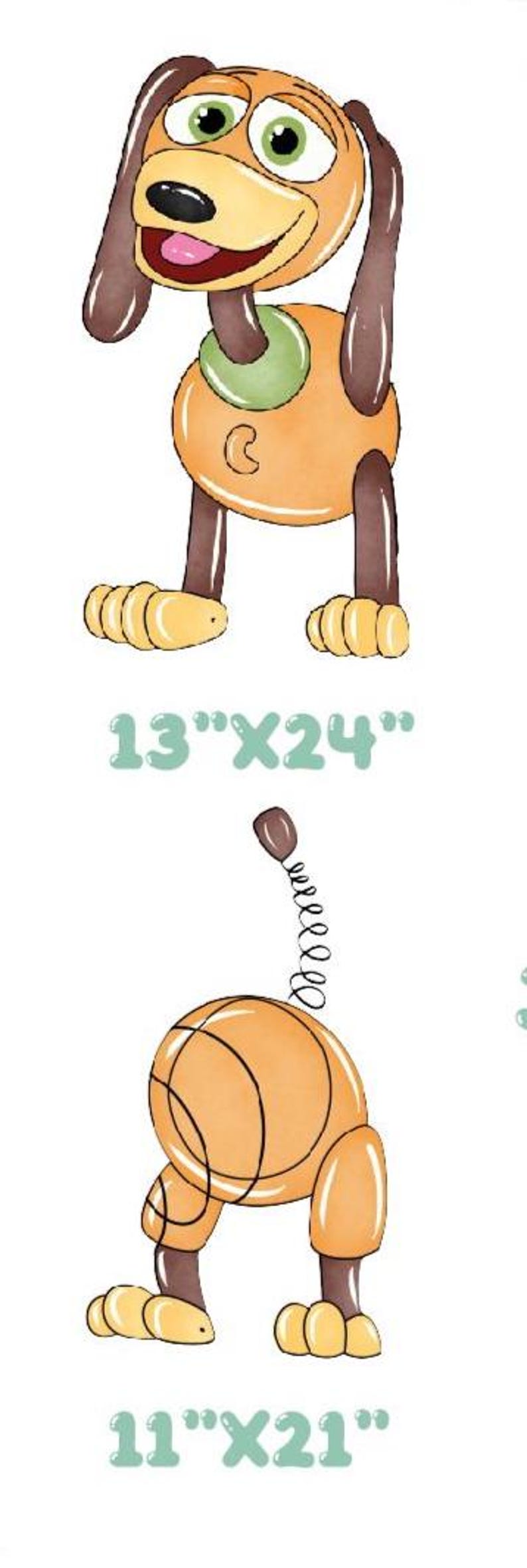 May include: Watercolor illustration of Slinky Dog from Toy Story. The image shows two depictions of the character, one head-on and one from the rear, with dimensions of 13"x24" and 11"x21".