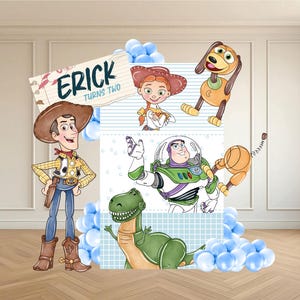 May include: A colorful illustration featuring characters from the Toy Story movie. Woody, Jessie, Buzz Lightyear, Rex, and Slinky Dog are depicted. The image includes a sign that reads "Erick Turns Two" and is surrounded by blue balloons.