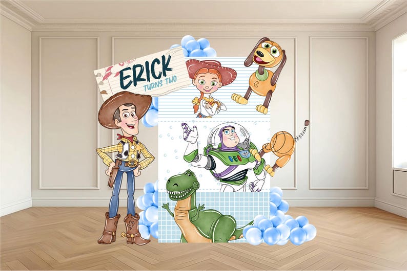 May include: A colorful illustration featuring characters from the Toy Story movie. Woody, Jessie, Buzz Lightyear, Rex, and Slinky Dog are depicted. The image includes a sign that reads "Erick Turns Two" and is surrounded by blue balloons.