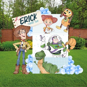 May include: A colorful birthday decoration featuring characters from the animated film Toy Story. The design includes Woody, Jessie, Buzz Lightyear, Rex, and Slinky Dog, with the text "Erick turns two."