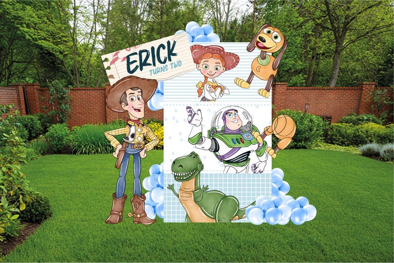 May include: A colorful birthday decoration featuring characters from the animated film Toy Story. The design includes Woody, Jessie, Buzz Lightyear, Rex, and Slinky Dog, with the text "Erick turns two."