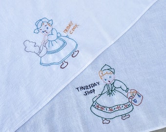 Friday cook and Thursday shop set of 2 embroidered tea towels vintage 50s 60s
