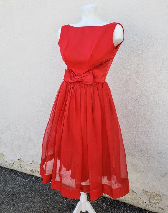 bow front vintage 50s 60s chiffon party dress - image 4