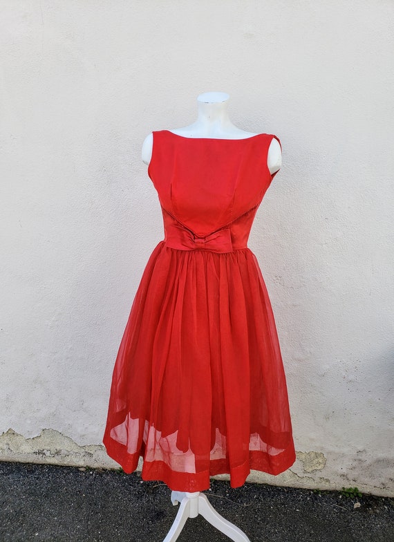 bow front vintage 50s 60s chiffon party dress - image 1