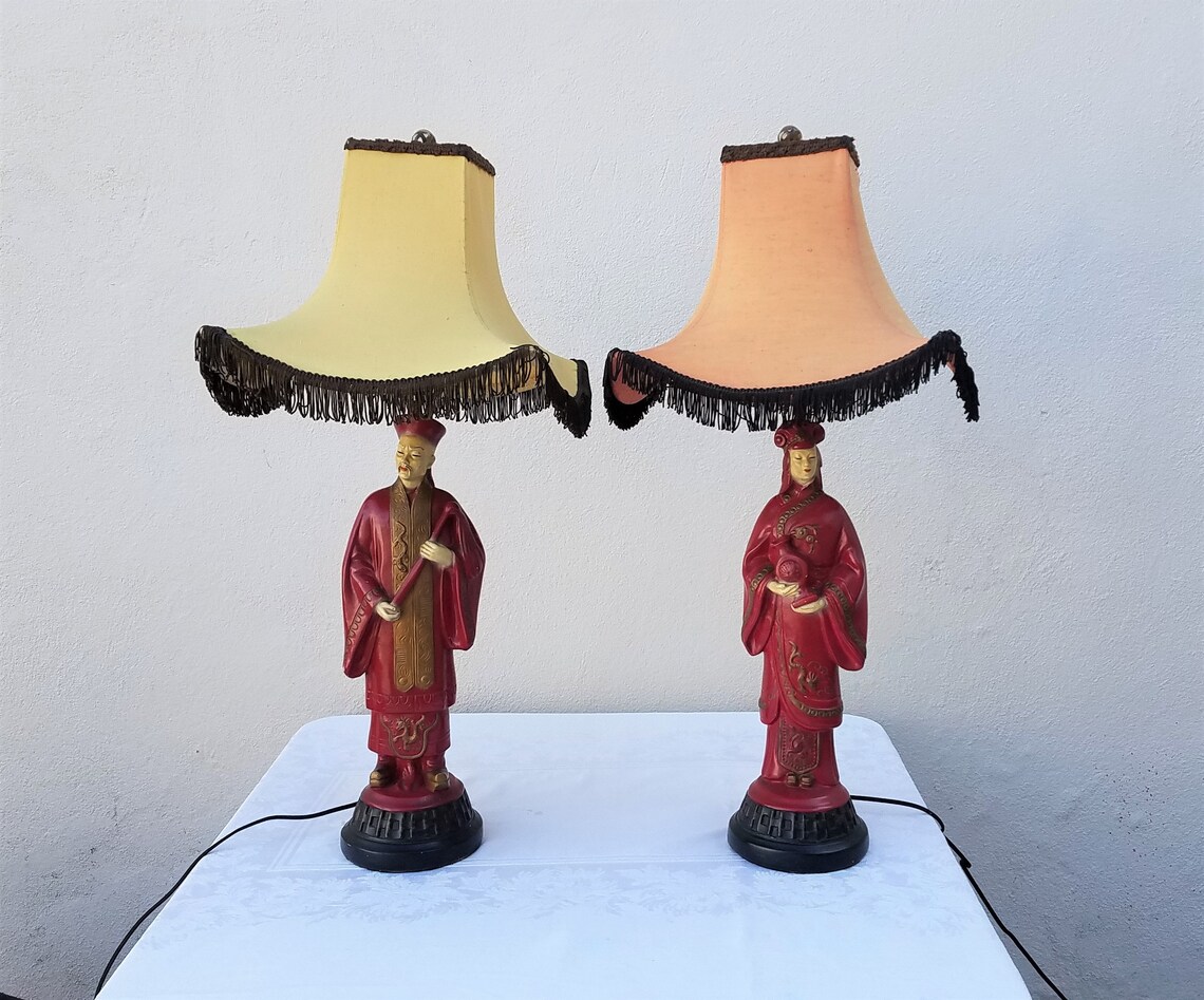 Vintage 50s 60s set of Asian figural lamps with fringe shades Etsy