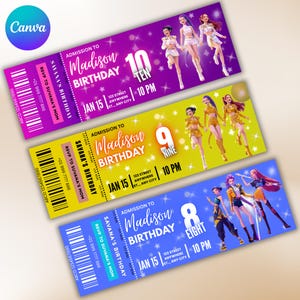 Puede incluir: Tres coloridas entradas para fiestas de cumpleaños con ilustraciones de personajes animados. Cada entrada presenta el texto "Madison Birthday" y la fecha "15 de enero". Las entradas son moradas, amarillas y azules, con los números 10, 9 y 8.