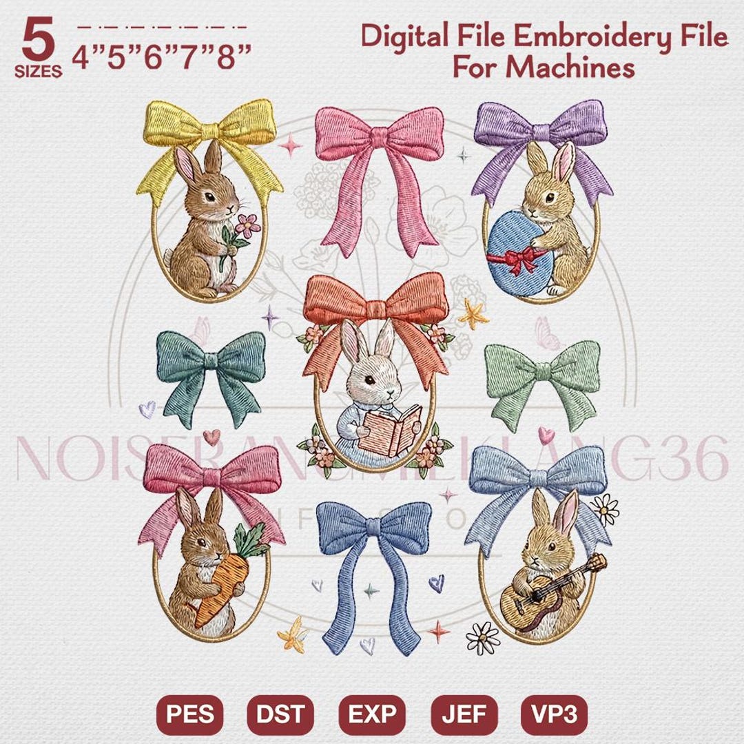 Easter Bunny & Coquette Bows Embroidery Bundle, Cottagecore Rabbit ...