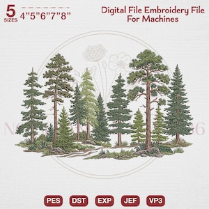 以下が含まれることがあります： さまざまな常緑樹が描かれた、詳細な森のシーンのデジタル刺繍ファイル。デザインには、10.16cmから20.32cmのサイズが含まれています。「Digital File Embroidery File For Machines」というテキストが表示されます。ファイル形式には、PES、DST、EXP、JEF、VP3が含まれます。