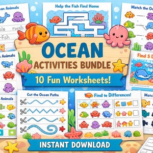 May include: A collection of 10 ocean-themed worksheets for children, with vibrant illustrations of marine life. The worksheets offer activities such as tracing, counting, matching, and spot-the-difference tasks. The title "Ocean Activities Bundle" is displayed, along with the words "Instant Download".