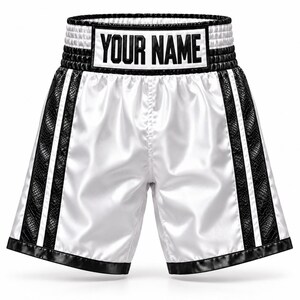 Custom Boxing Shorts, White Trunks with Name & Black Python-Look Side Stripes
