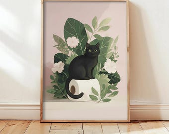 Uroczy plakat z toaletą dla czarnego kota – zielonooki kot z motywami botanicznymi, wydruk w stylu vintage (do pobrania cyfrowego)