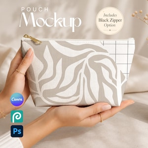 May include: A rectangular zippered pouch featuring a beige and white leaf pattern on the left side and a black grid design on the right side. The pouch has a gold-toned metal zipper pull and a textured fabric finish, presented as a digital mockup.