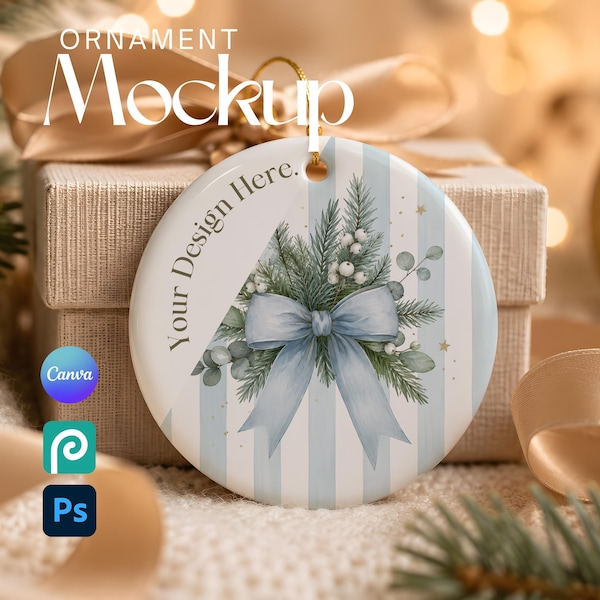 Christmas Ornament Mockup PSD, Round Ceramic Ornament Mockup, Photoshop Smart Object, Photopea & Canva PNG Mockup for Etsy Sellers